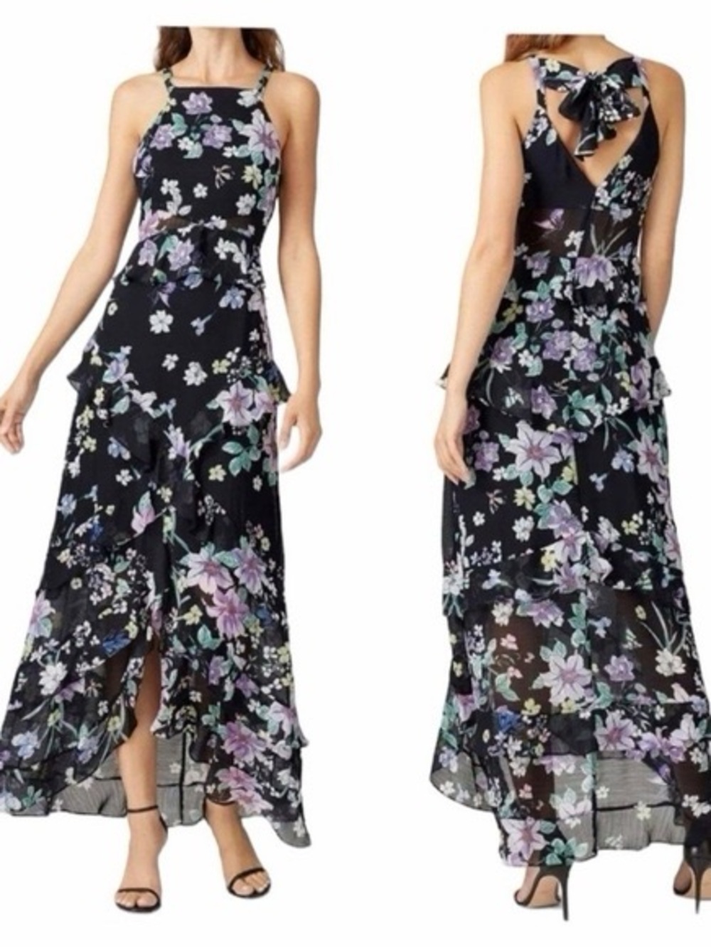 Floral Halter Maxi Dress with Bow-Back Detail